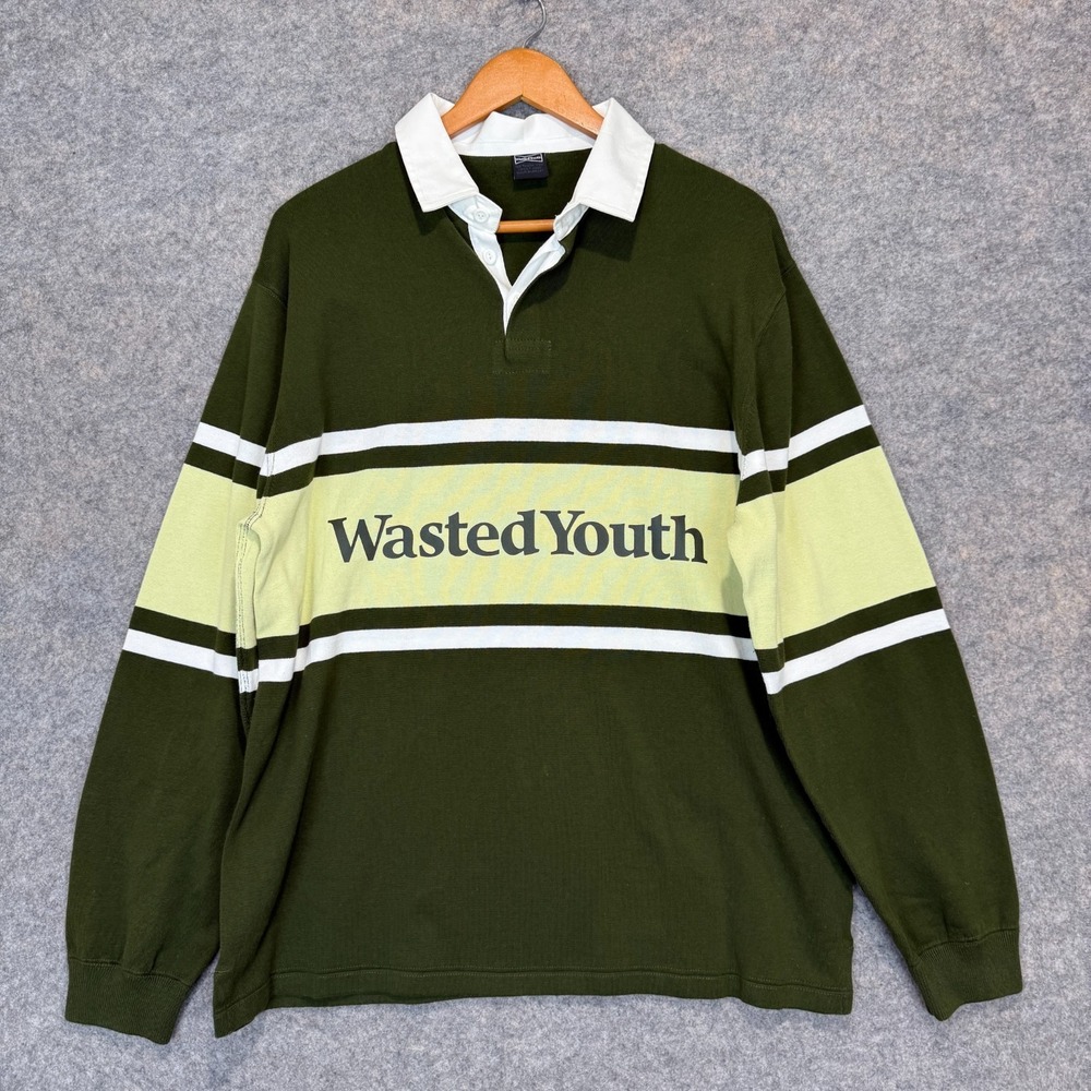 Wasted Youth Rugby Polo Shirt Mens Large Knit Sweatshirt Sweater Olive Green